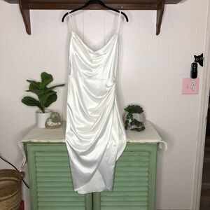 Womens Cowl Neck Tulip Hem Sleeveless Ruched Knee Length Dress White Size Small
